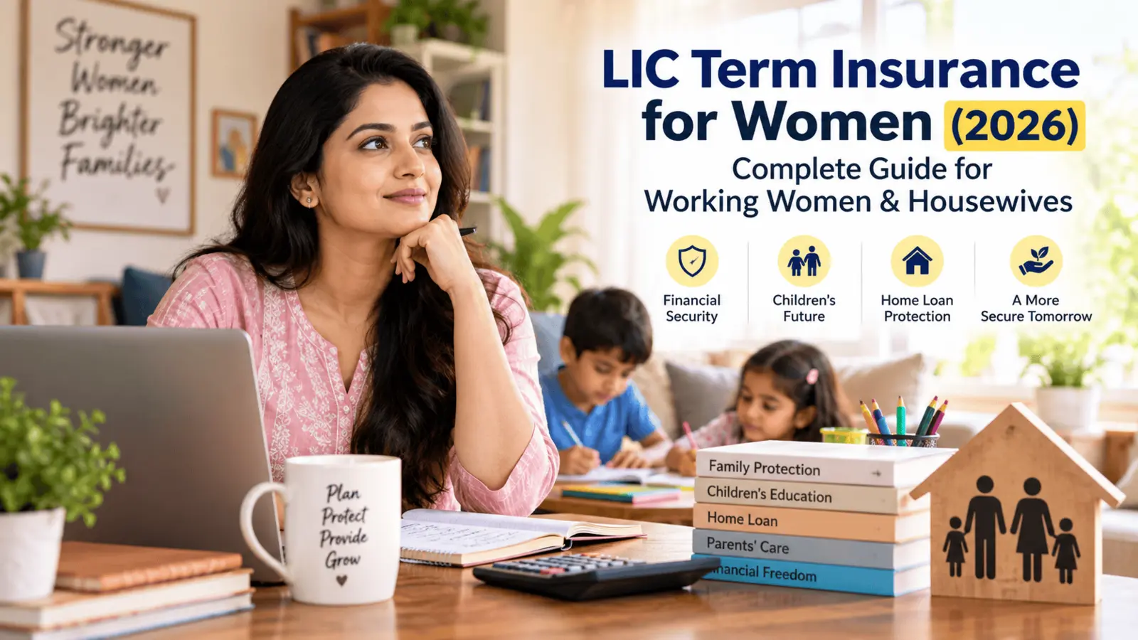 Indian mother planning her family’s financial future, with her children studying nearby.