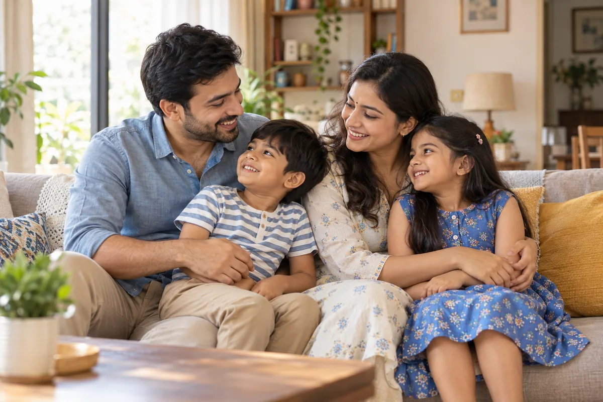 Young Indian parents spending time with their two children at home